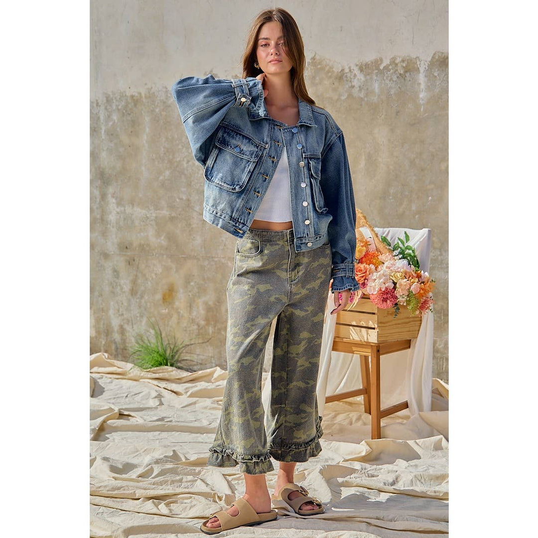 Pants - CAMOUFLAGE DENIM RUFFLED HEM MID RISE PANTS - - Cultured Cloths Apparel