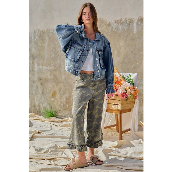 Pants - CAMOUFLAGE DENIM RUFFLED HEM MID RISE PANTS - - Cultured Cloths Apparel