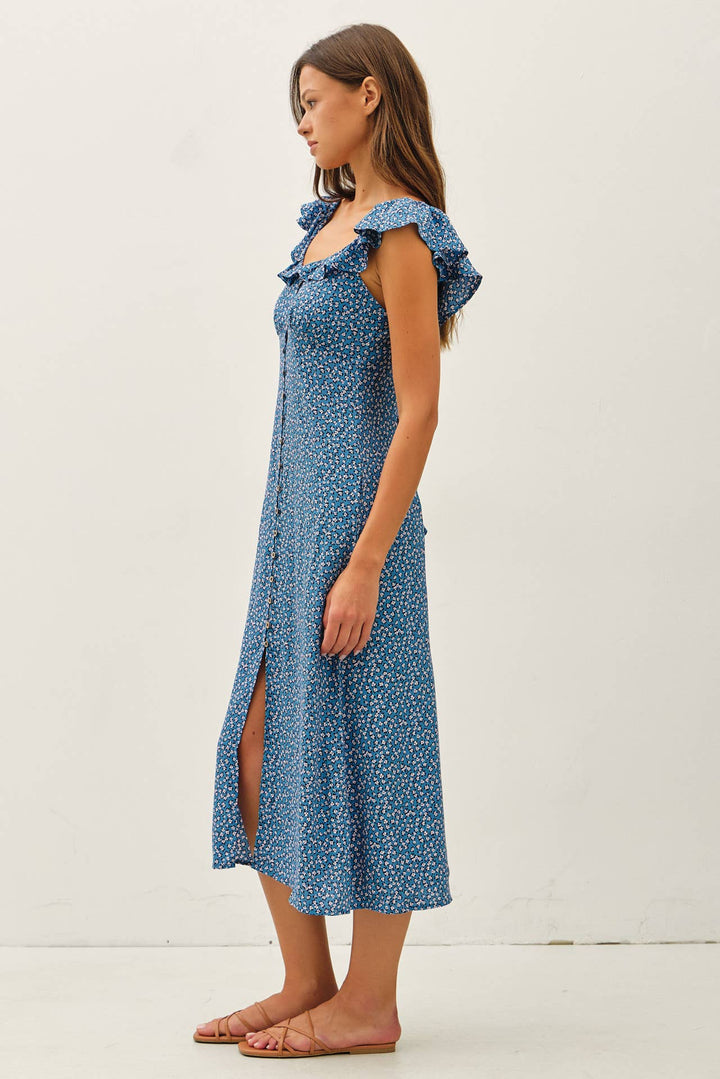 VITAGE DITSY PRINT RUFFLEED MIDI DRESS