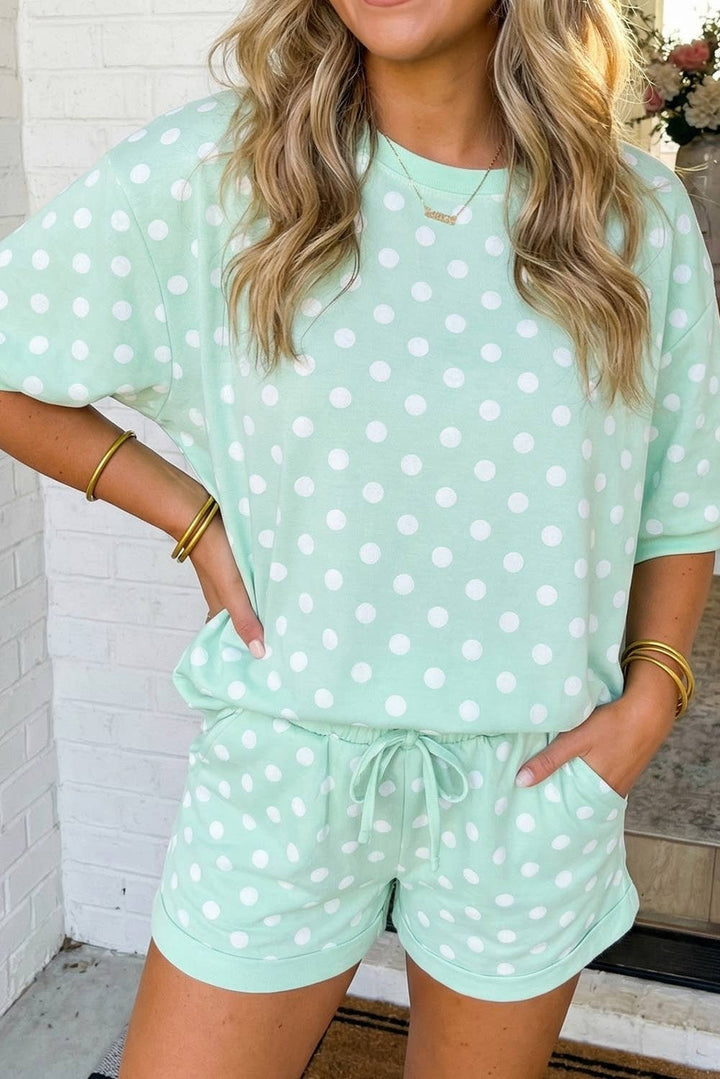 Polka Dot Print Top Drawstring Shorts Set (S-XL)