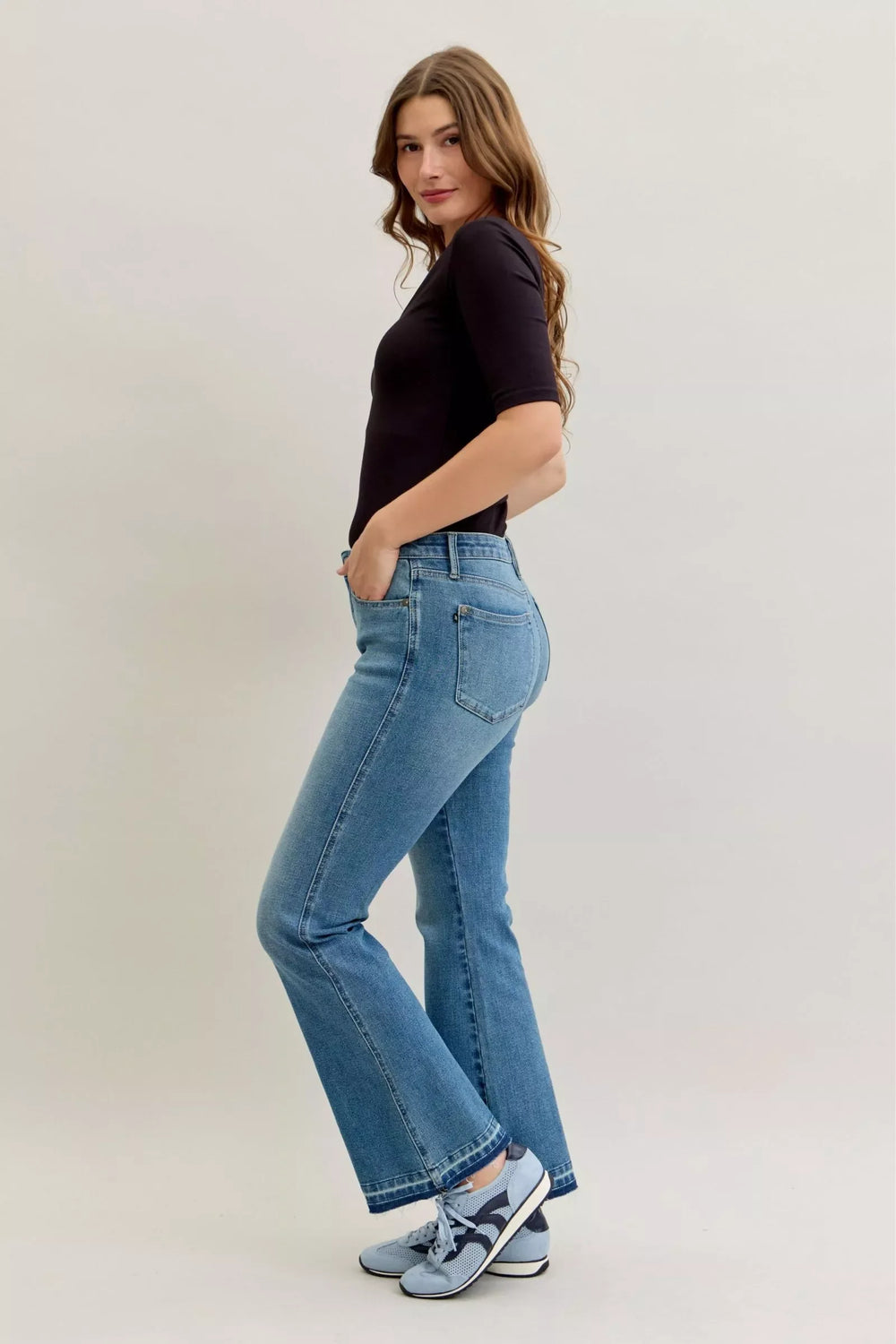 Denim - Judy Blue Full Size Mid Rise Slim Bootcut Tummy Control Release Hem Jeans Plus Size - - Cultured Cloths Apparel