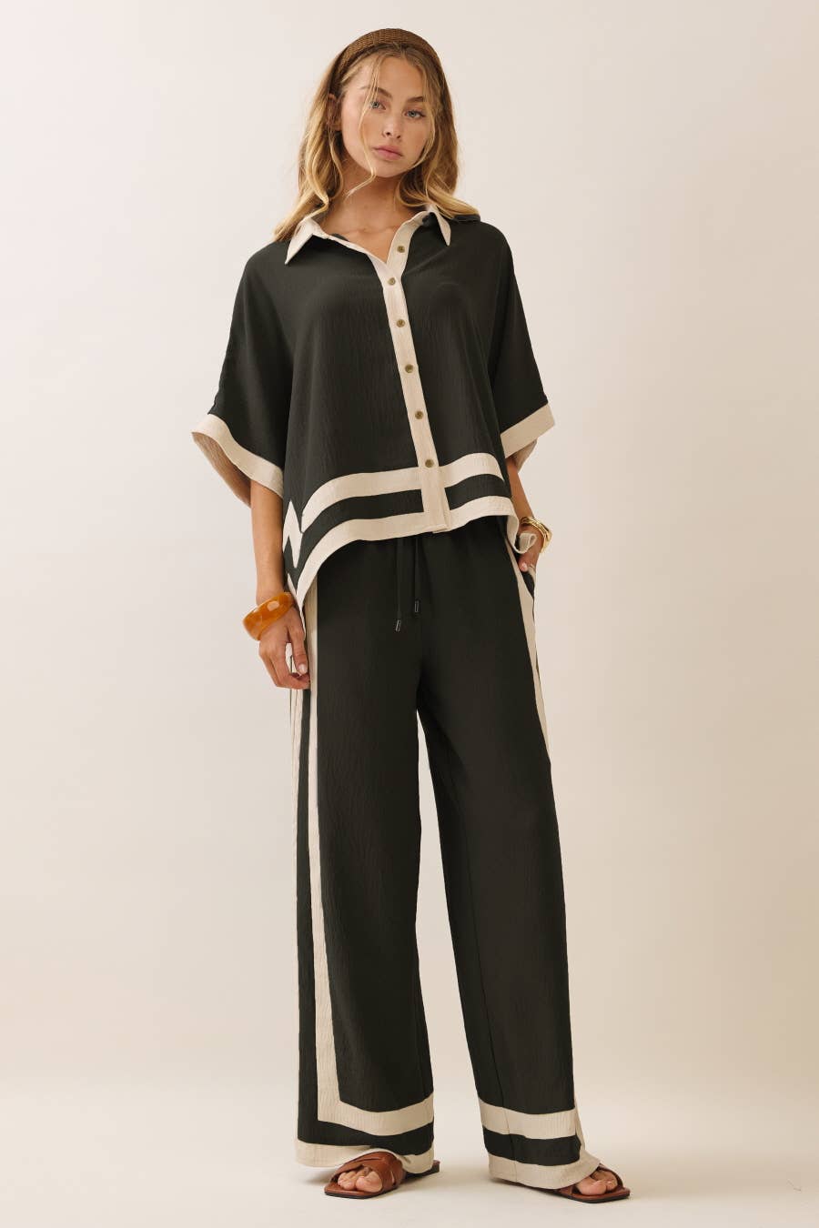 Contrast Trim Shirt With Matching Pants Set