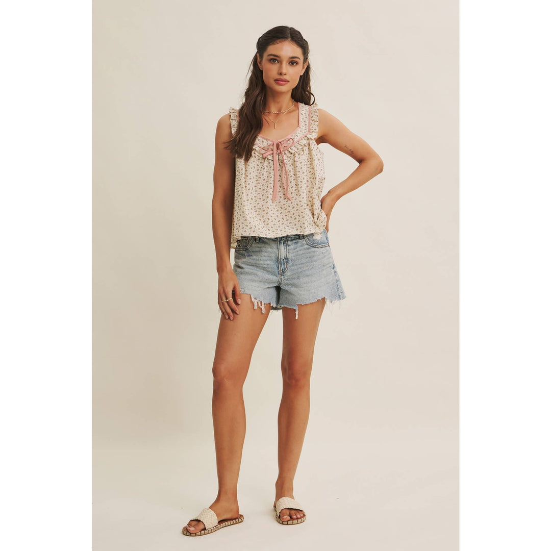 Women's Sleeveless - ANTIQUE MEADOW CONTRAST BINDING FLORAL RUFFLED BLOUSE TOP - - Cultured Cloths Apparel