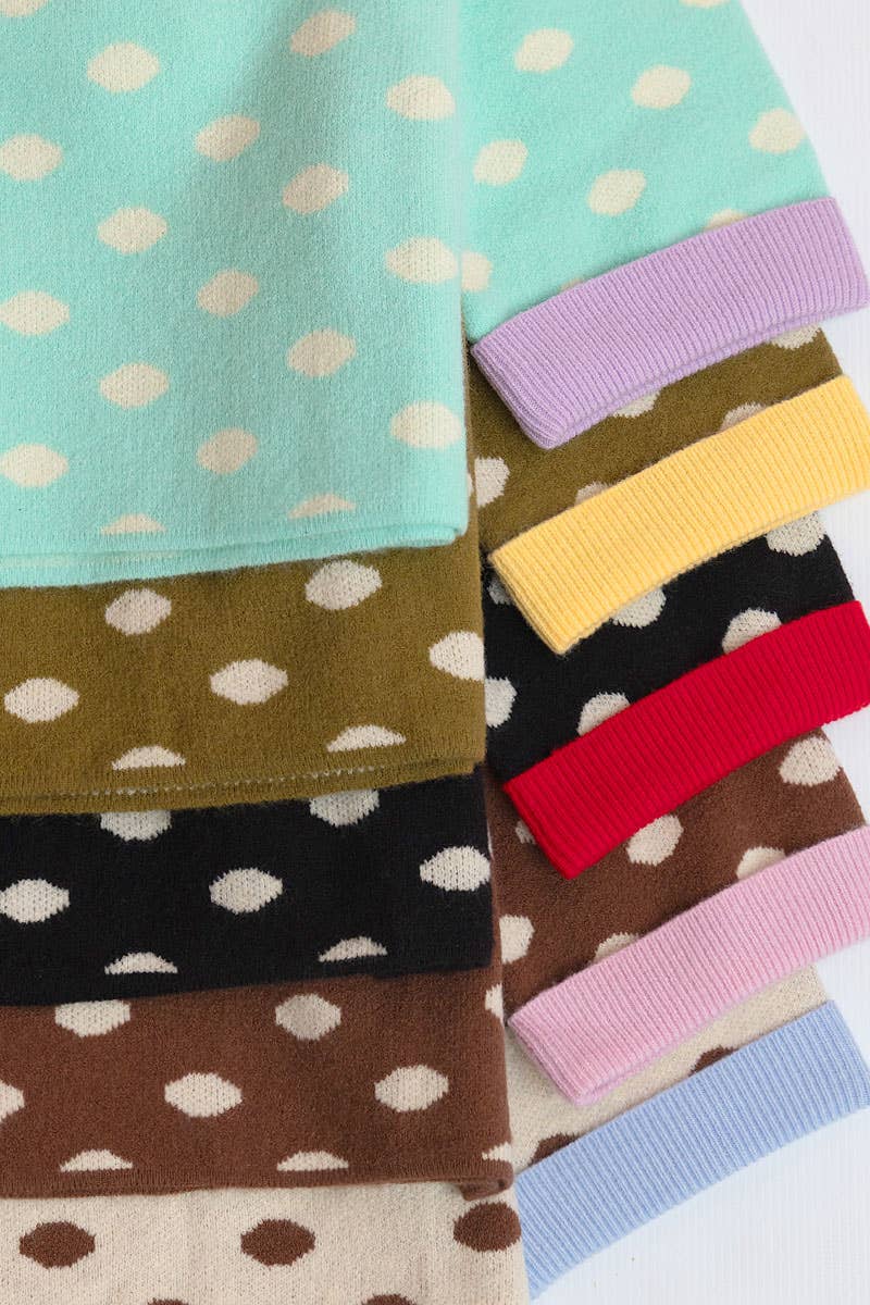 CONTRAST NECK AND ROLL UP DETAIL POLKA DOT SWEATER
