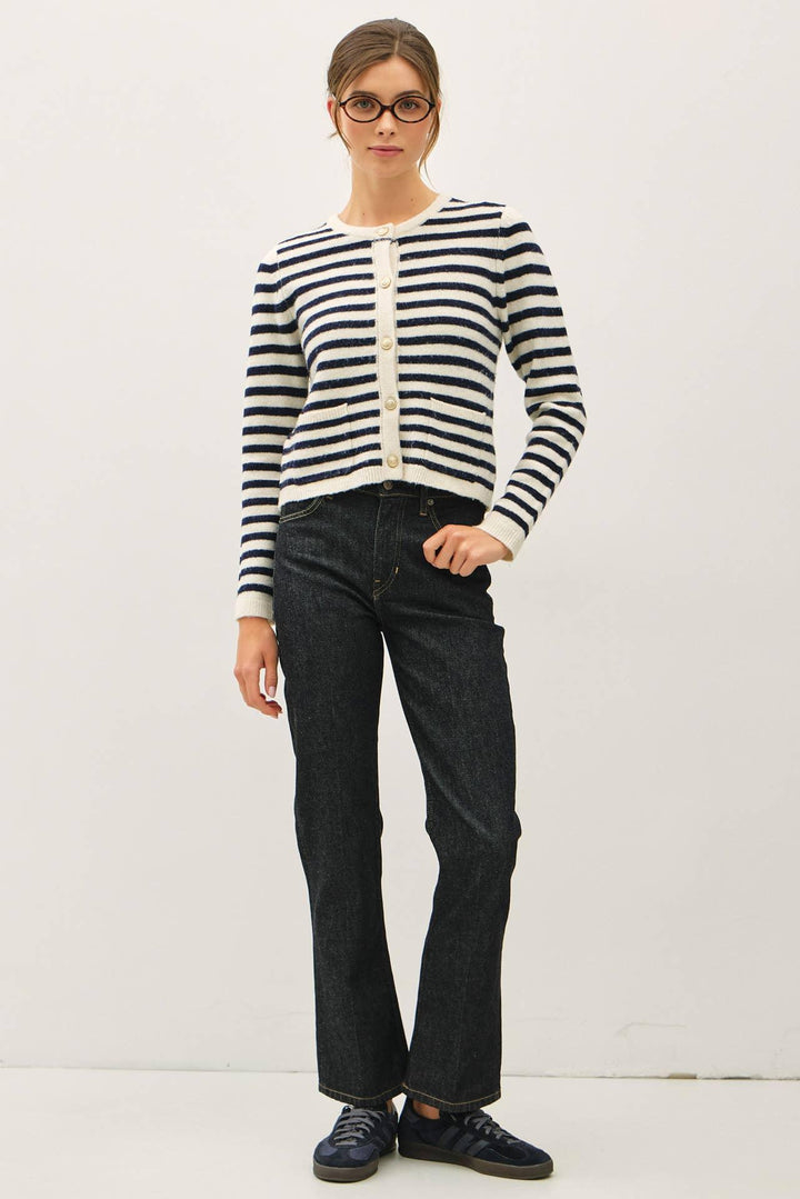 STRIPED WOOL BLEND BUTTON UP CARDIGAN