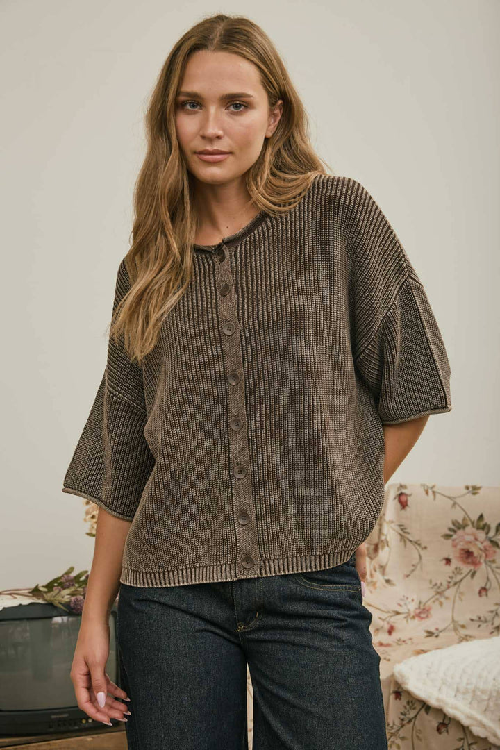 Cardigans - WASHED RIBBED SHORT SLEEVE ROLLED EDGE CARDIGAN - DARK BROWN - Cultured Cloths Apparel