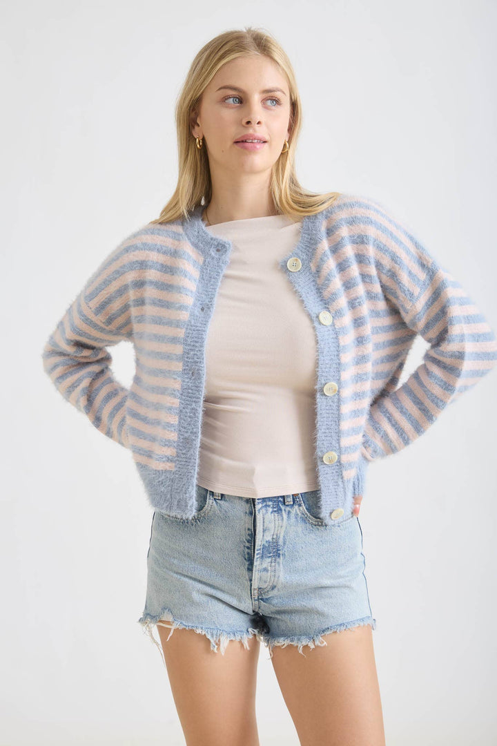 STRIPE ROUND NECK BUTTON DOWN FUZZY KNIT CARDIGAN