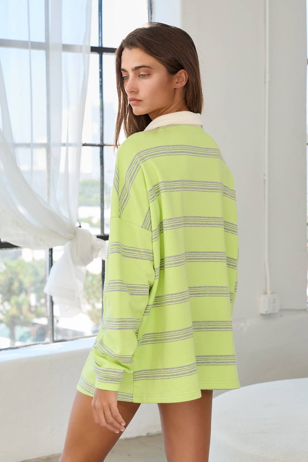 IT2417 Contrast Collared Neck Striped Polo Tunic Top