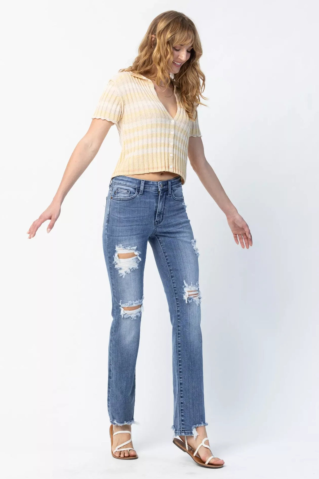 Denim - Judy Blue Full Size Mid Rise Destroy Straight Jeans Plus Size - - Cultured Cloths Apparel