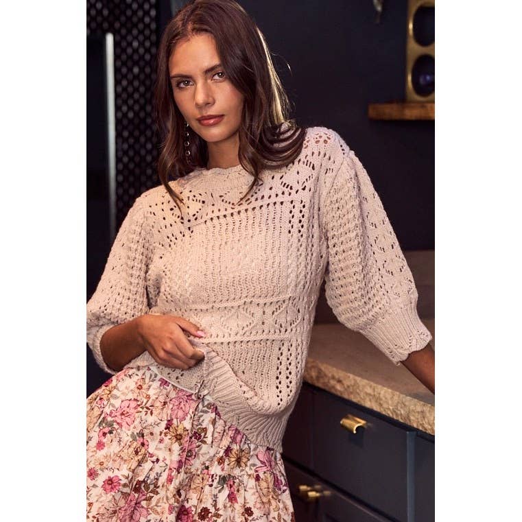 Women's Short Sleeve - Poetic Crochet Bloom Lace Detail Pullover - OATMEAL - Cultured Cloths Apparel