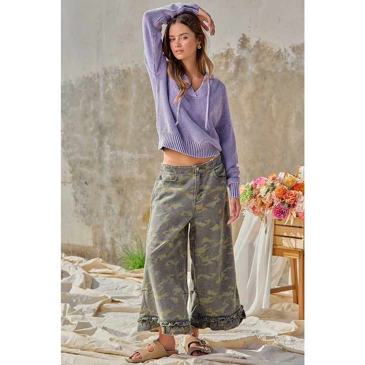 Pants - CAMOUFLAGE DENIM RUFFLED HEM MID RISE PANTS - - Cultured Cloths Apparel