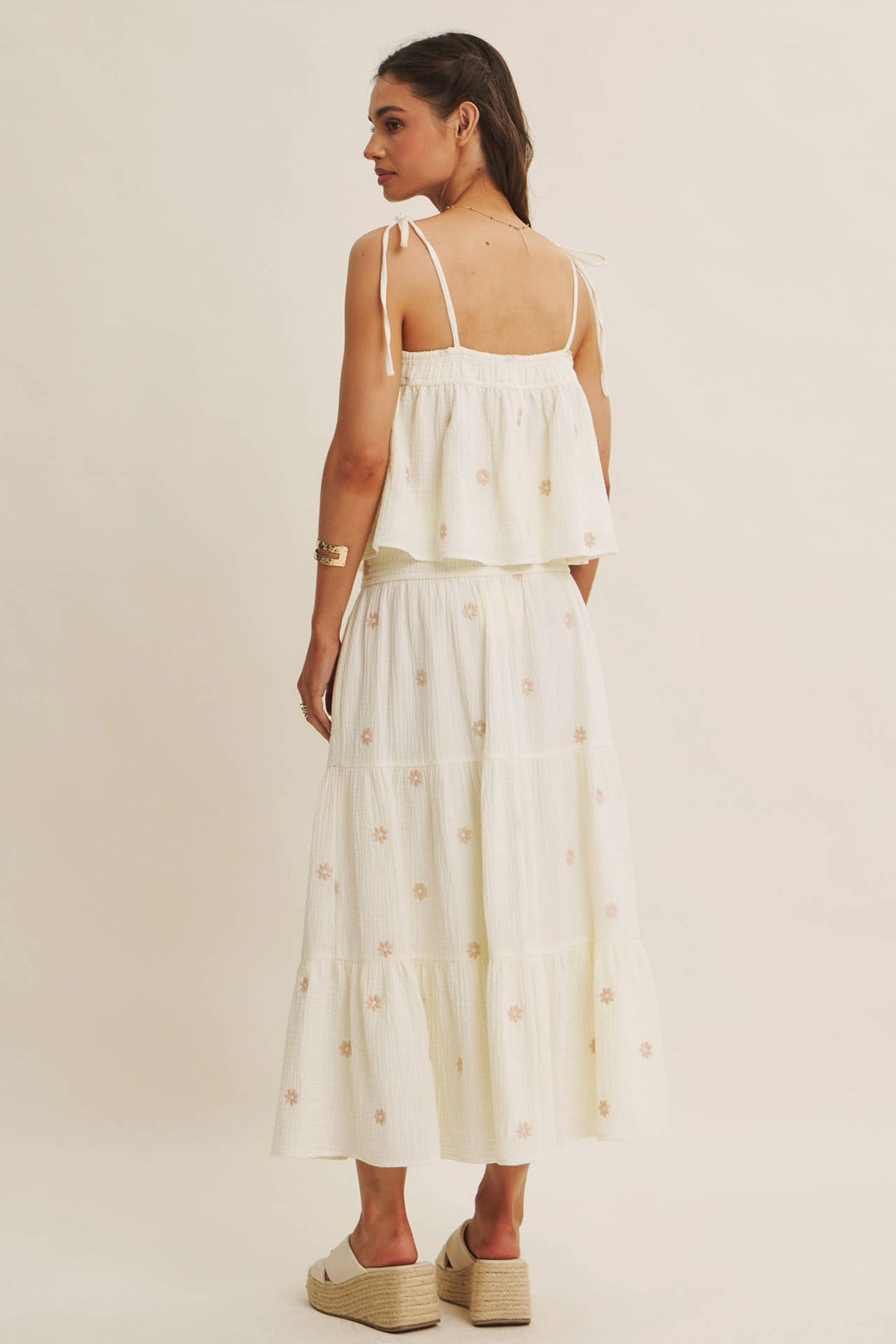 Women's Sleeveless - SUNSET FIELD EMBROIDERED COTTON GAUZE TANK WITH TIE STRAPS - - Cultured Cloths Apparel