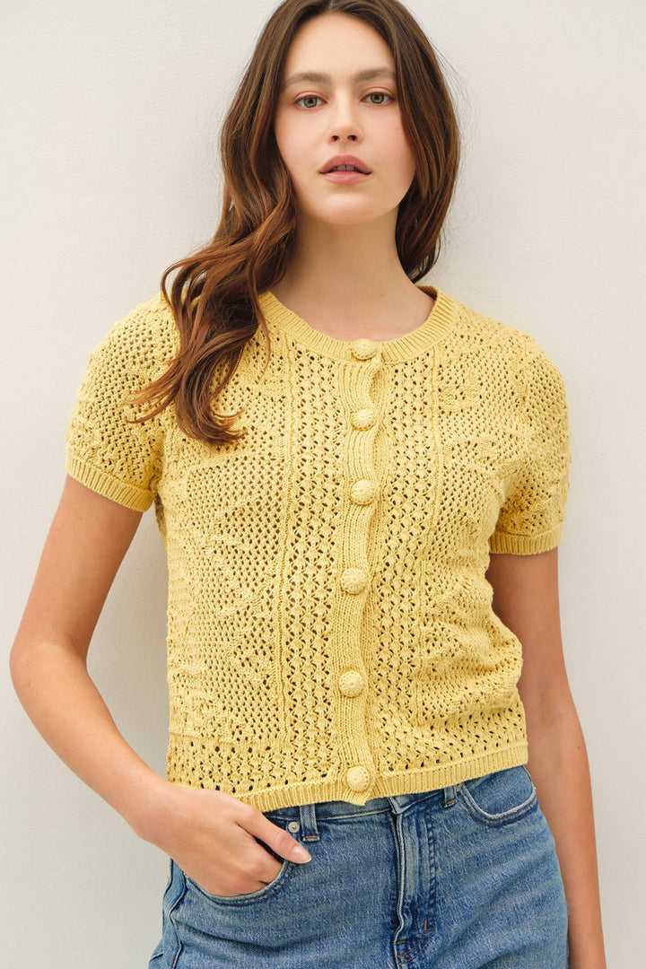 Women's Short Sleeve - PATTERNED CROCHET SHORT SLEEVE CROP CARDIGAN - - Cultured Cloths Apparel