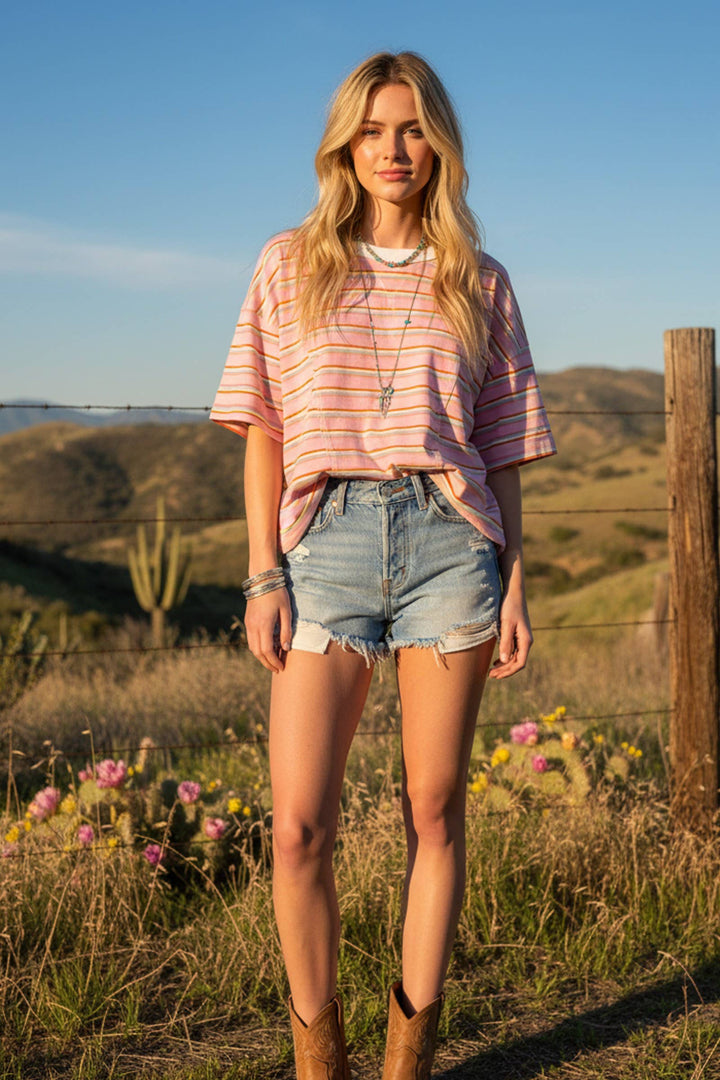 Women's Short Sleeve - Striped Oversized Short Sleeve Knit Top - - Cultured Cloths Apparel