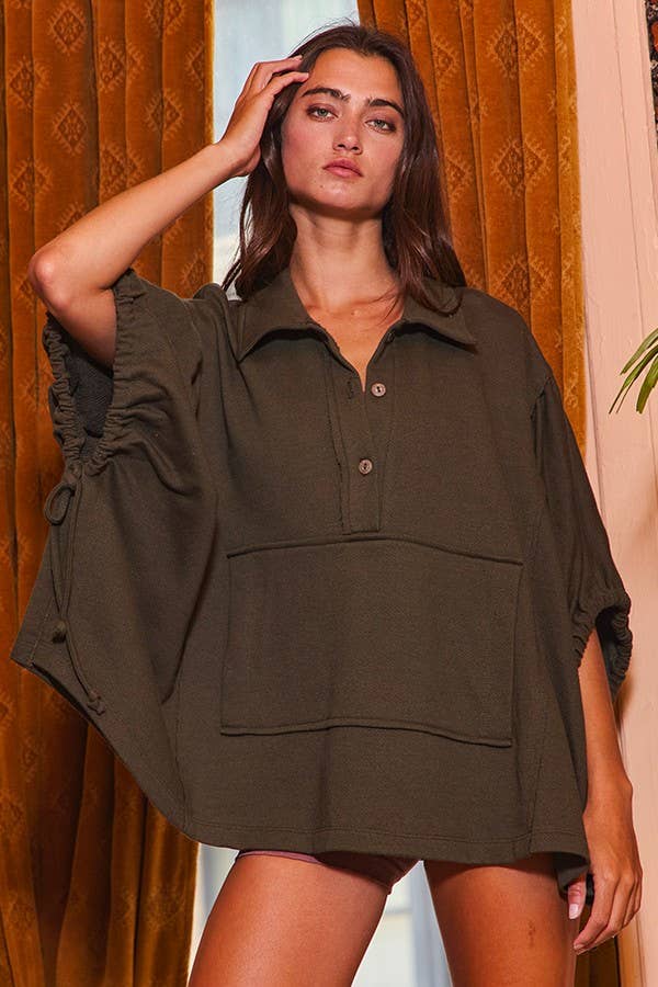 Women's Short Sleeve - Gray Oversized Drawstring Tie Sleeves Detail Solid Top - - Cultured Cloths Apparel