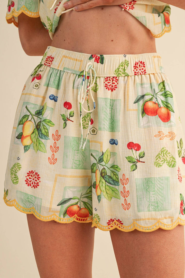 Romper - FRUIT PRINT EMBROIDERED SCALLOP TOP AND SHORTS SET - - Cultured Cloths Apparel