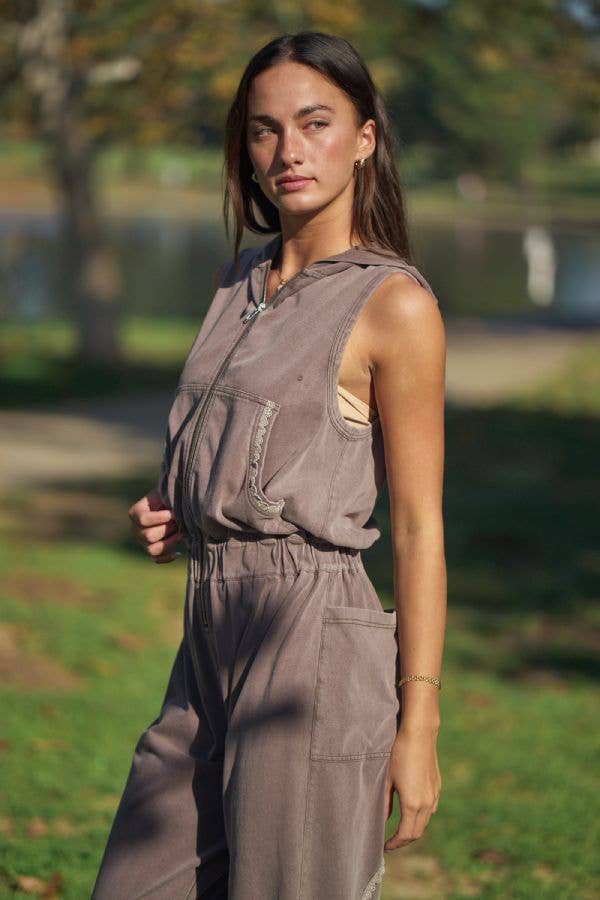 Washed Lace Trim Sleeveless Hooded Jumpsuit