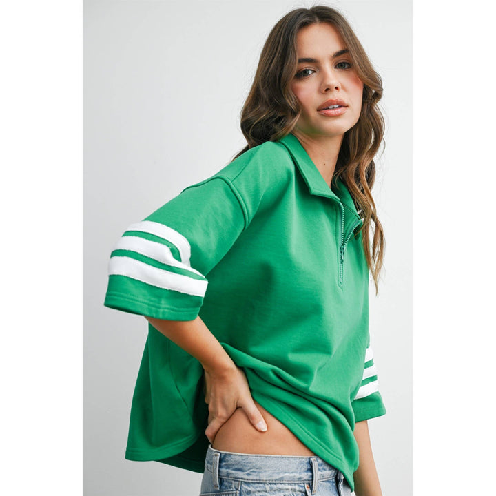 Women's Short Sleeve - Striped Sleeve Quarter-Zip Pullover - - Cultured Cloths Apparel