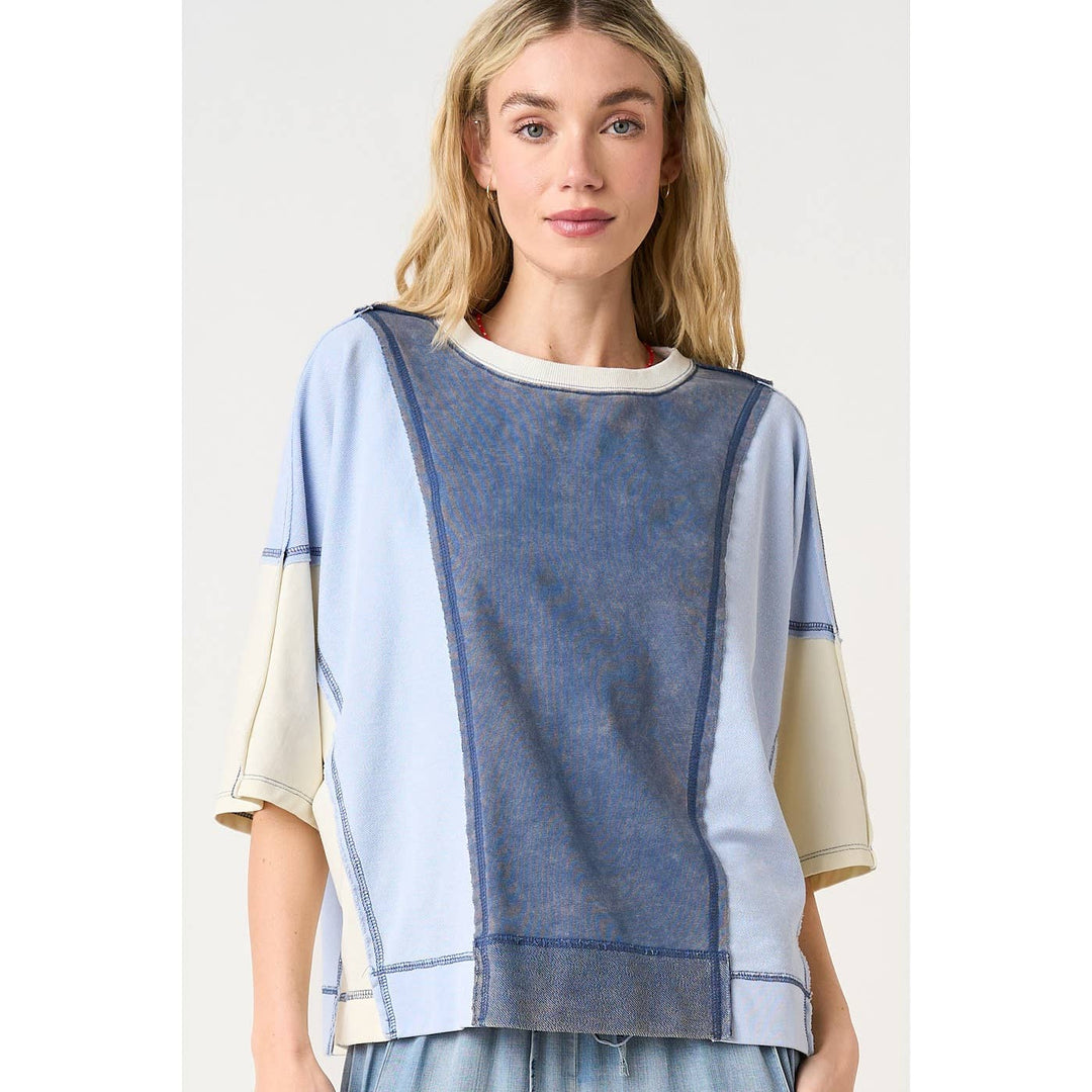 Women's Short Sleeve - MINERAL WASH COLOR BLOCK RELAXED FIT SHORT SLEEVE TOP - - Cultured Cloths Apparel