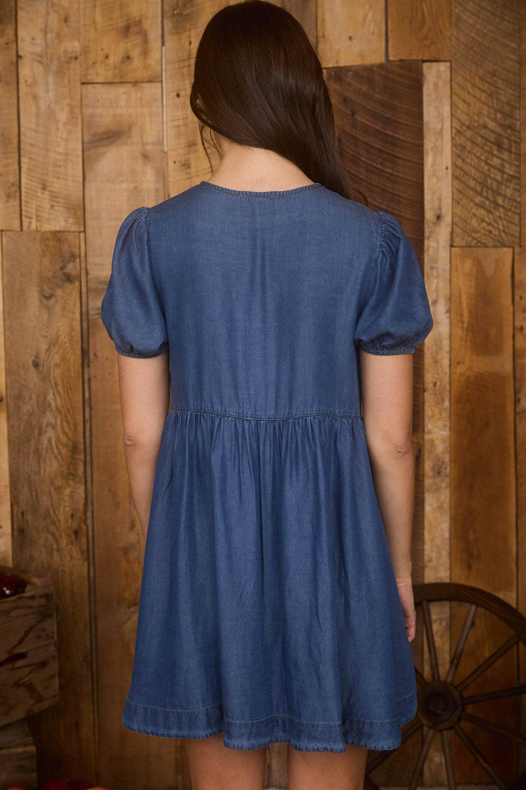 Women's Dresses - DARK CHAMBRAY FRONT TIE PUFF SLEEVE MINI DRESS - - Cultured Cloths Apparel