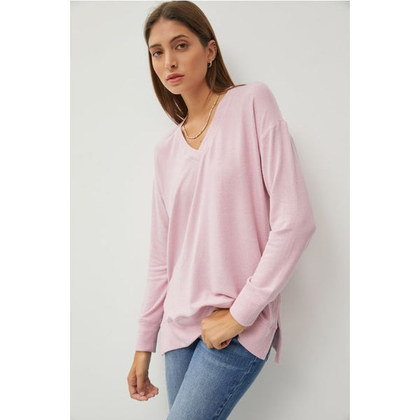Women's Sweaters - V Neck Brushed Hacci Sweater - Rose Pink - Cultured Cloths Apparel