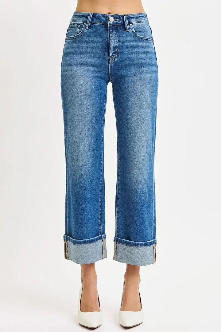 Denim - RISEN Full Size Mid Rise Crop Straight Cuffed Jeans - - Cultured Cloths Apparel
