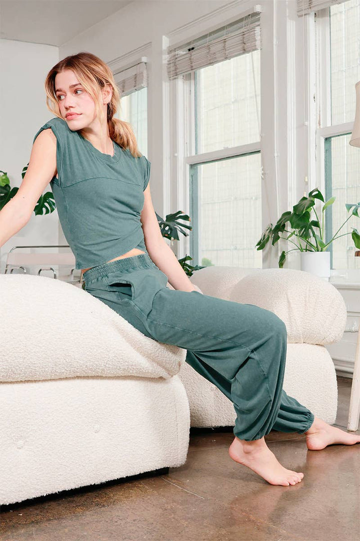 Athleisure - Rolled Sleeve Wrap-Front Crop Top And Jogger Set - - Cultured Cloths Apparel