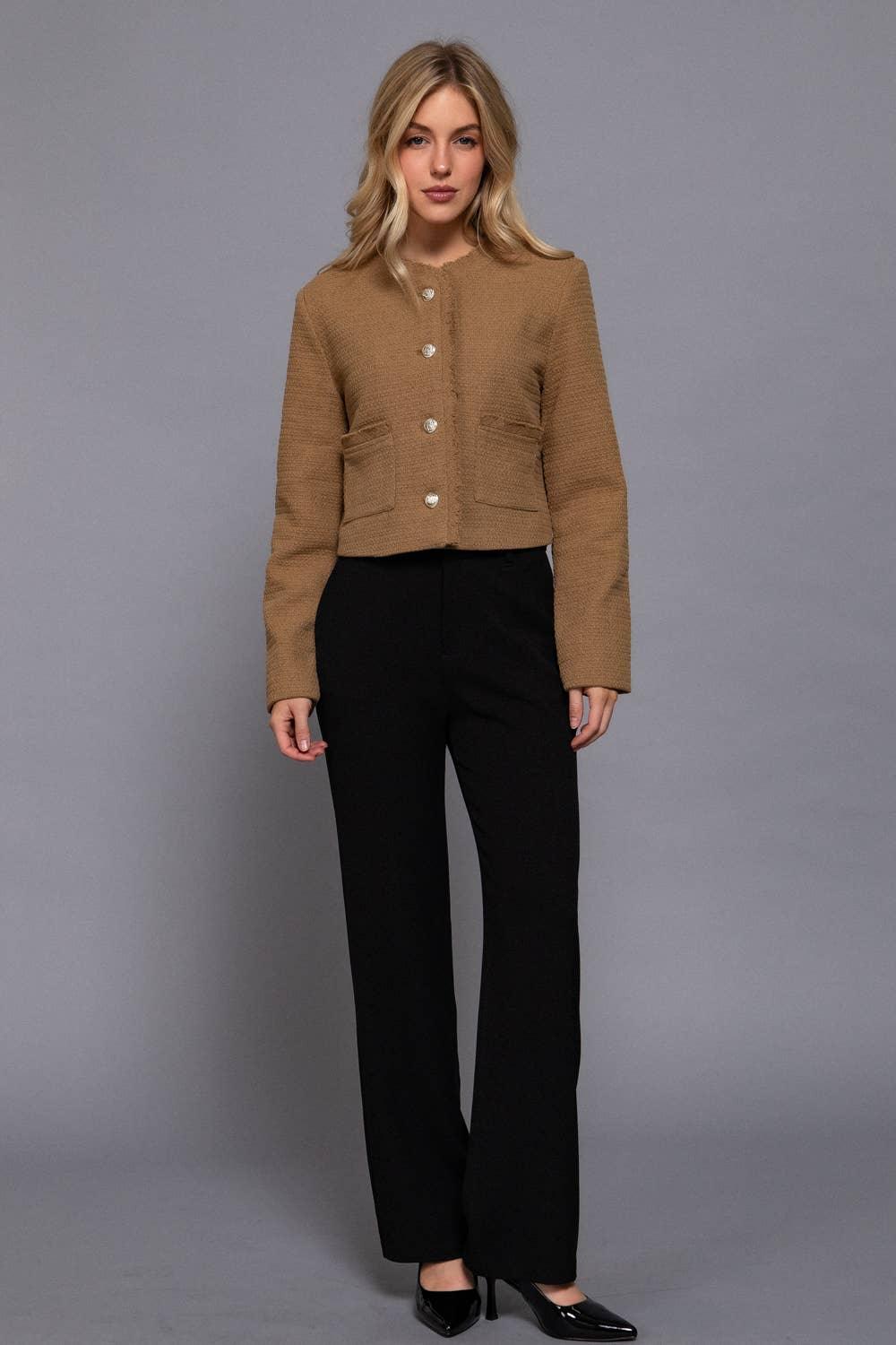 Outerwear - Long Sleeve Crew Neck Button Down Tweed Jacket - - Cultured Cloths Apparel