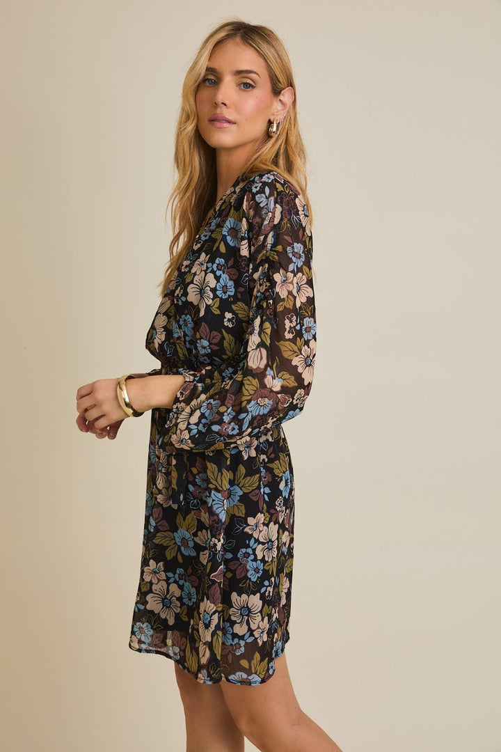 Women's Dresses - SURPLICE SHIRRING 3/4 SLEEVE FLORAL DRESS - - Cultured Cloths Apparel