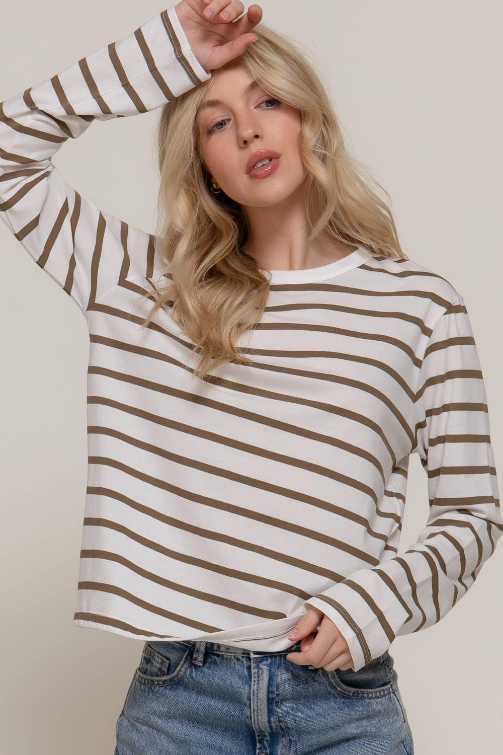 Women's Long Sleeve - Long Sleeve Round Neck Neck Stripe Tee - - Cultured Cloths Apparel