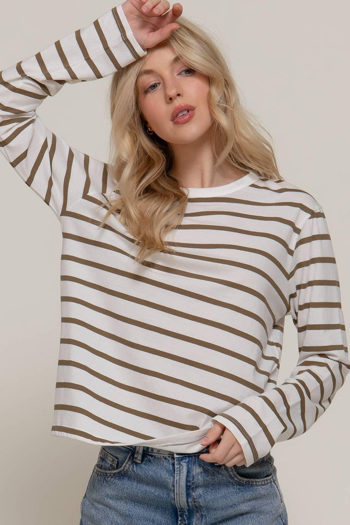 Women's Long Sleeve - Long Sleeve Round Neck Neck Stripe Tee - - Cultured Cloths Apparel