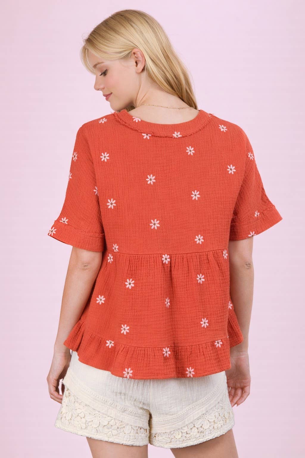 Flower Embroidered Woven Blouse Top