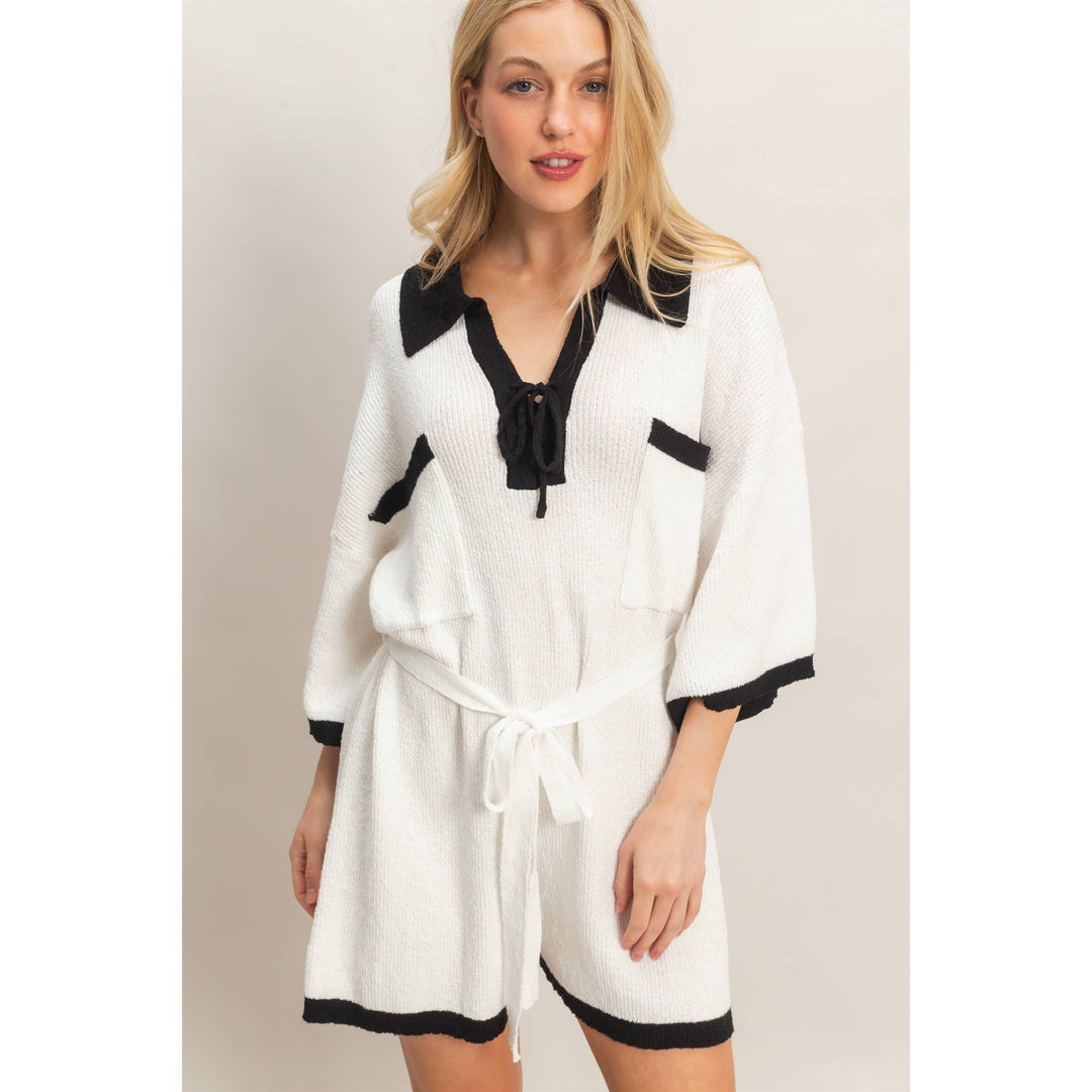 Women's Rompers - Knit Romper With Contrast Tie - - Cultured Cloths Apparel
