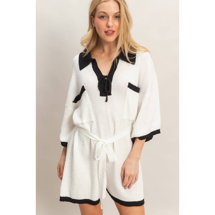 Women's Rompers - Knit Romper With Contrast Tie - - Cultured Cloths Apparel