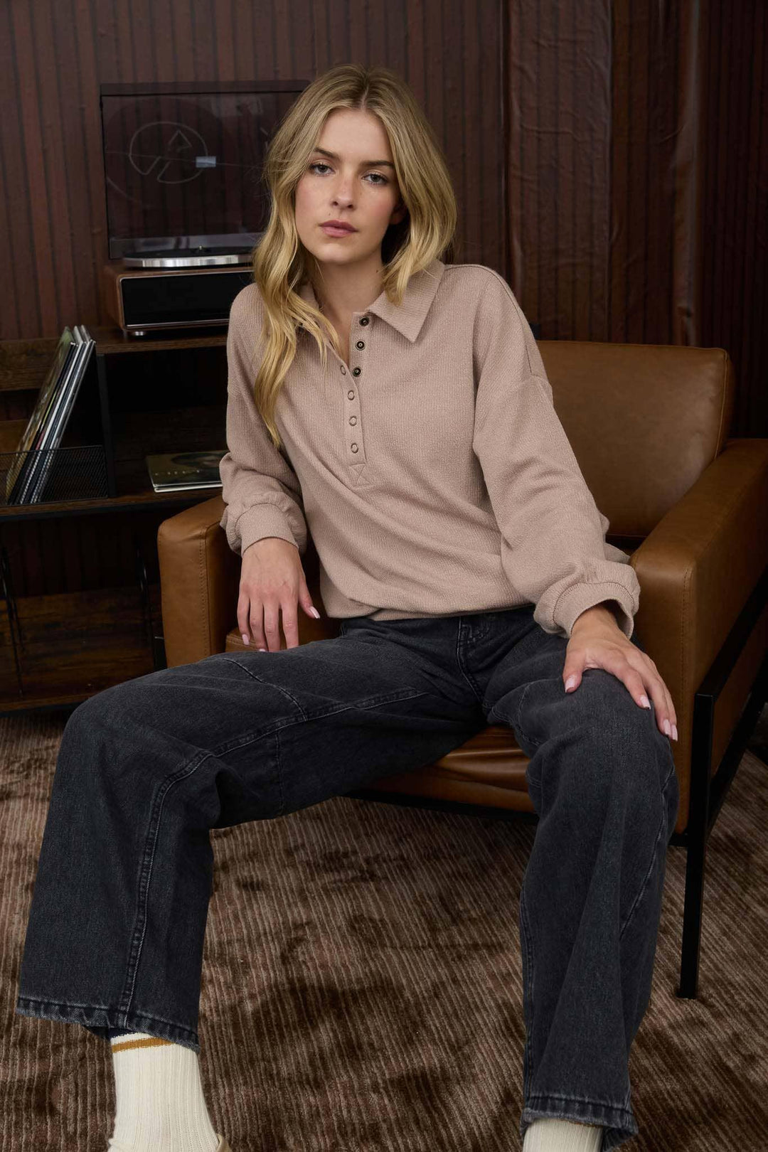 COLLARED HALF SNAP BUTTON LONG SLEEVE KNIT TOP