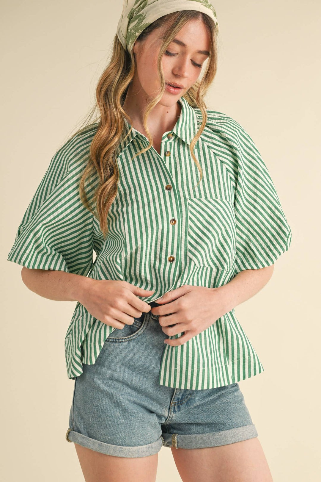 Women's Short Sleeve - STRIPED BUBBLE SLEEVE BUTTON DOWN TOP - - Cultured Cloths Apparel