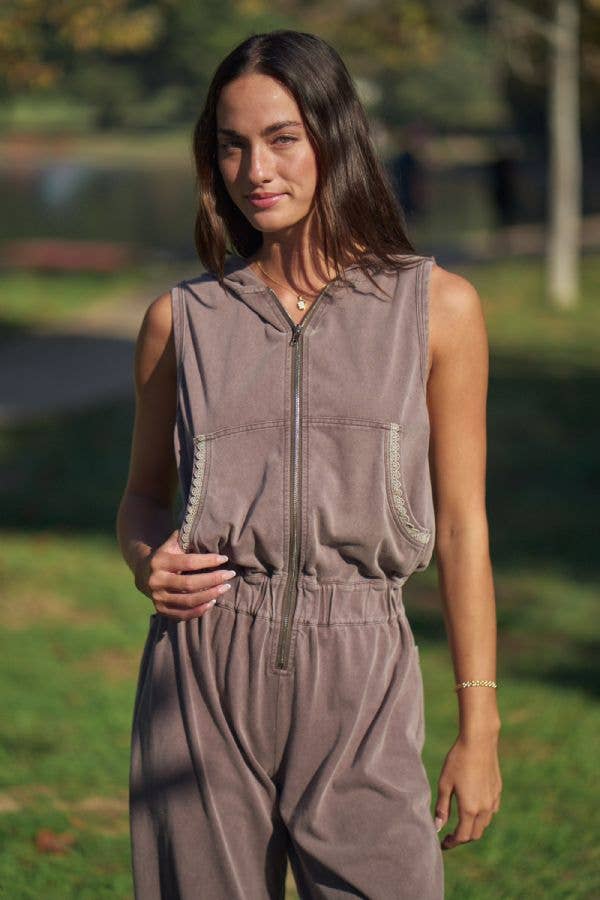Washed Lace Trim Sleeveless Hooded Jumpsuit