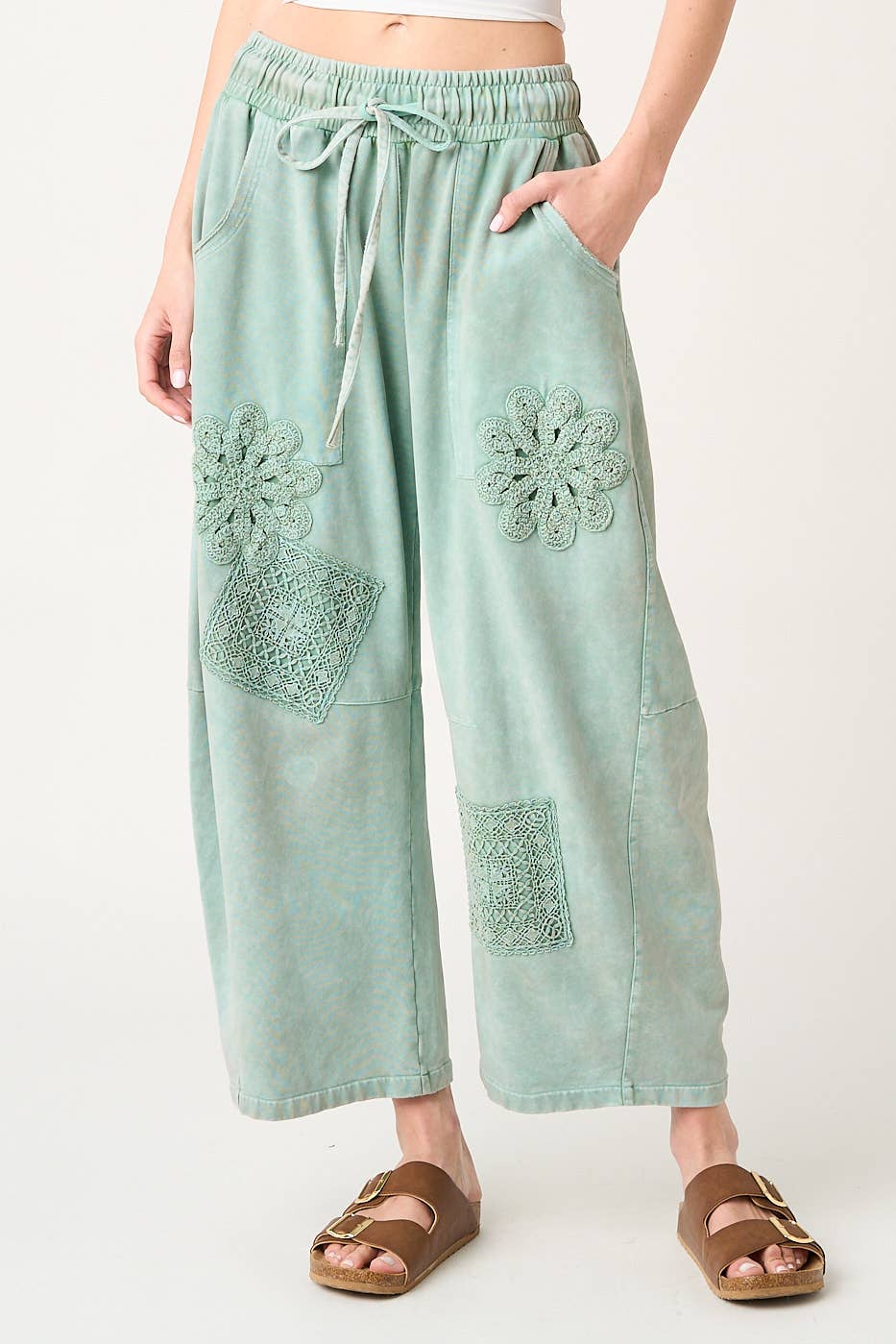 MINERAL WASH CROCHET PATCH BARREL LEG PANTS