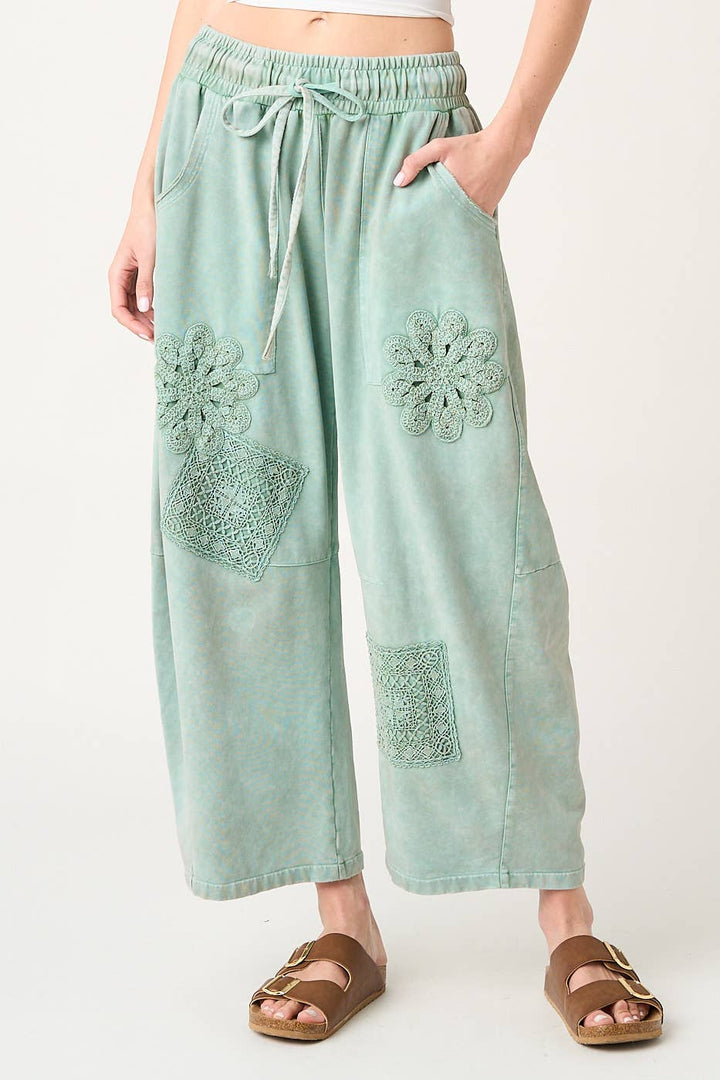 MINERAL WASH CROCHET PATCH BARREL LEG PANTS