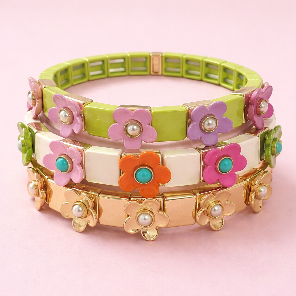 Accessories, Bracelets - Enamel Stretch Bracelet - Flowers - Poppy - Assorted Colors - - Cultured Cloths Apparel