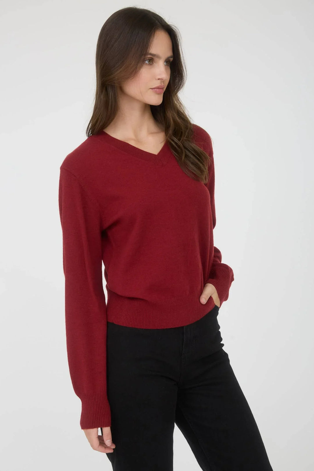 Women's Sweaters - V NECK LONG SLEEVE SOLID KNIT PULLOVER SWEATER - DEEP RED - Cultured Cloths Apparel