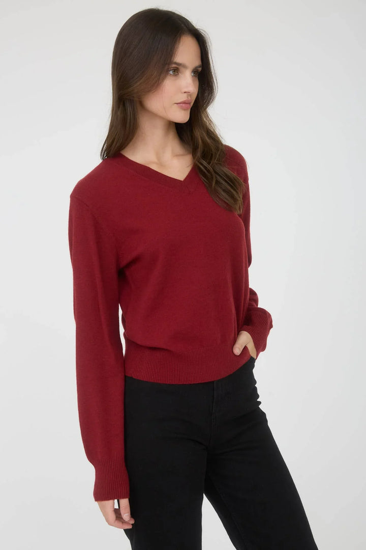 Women's Sweaters - V NECK LONG SLEEVE SOLID KNIT PULLOVER SWEATER - DEEP RED - Cultured Cloths Apparel