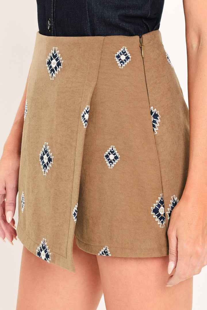 embroidered faux suede skort