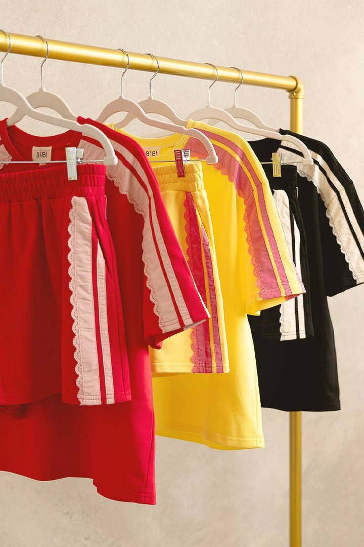 FRENCH TERRY SIDE LACE DETAIL SHORT SLEEVES TOP