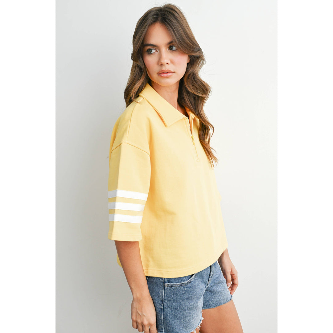 Women's Short Sleeve - Striped Sleeve Quarter-Zip Pullover - - Cultured Cloths Apparel