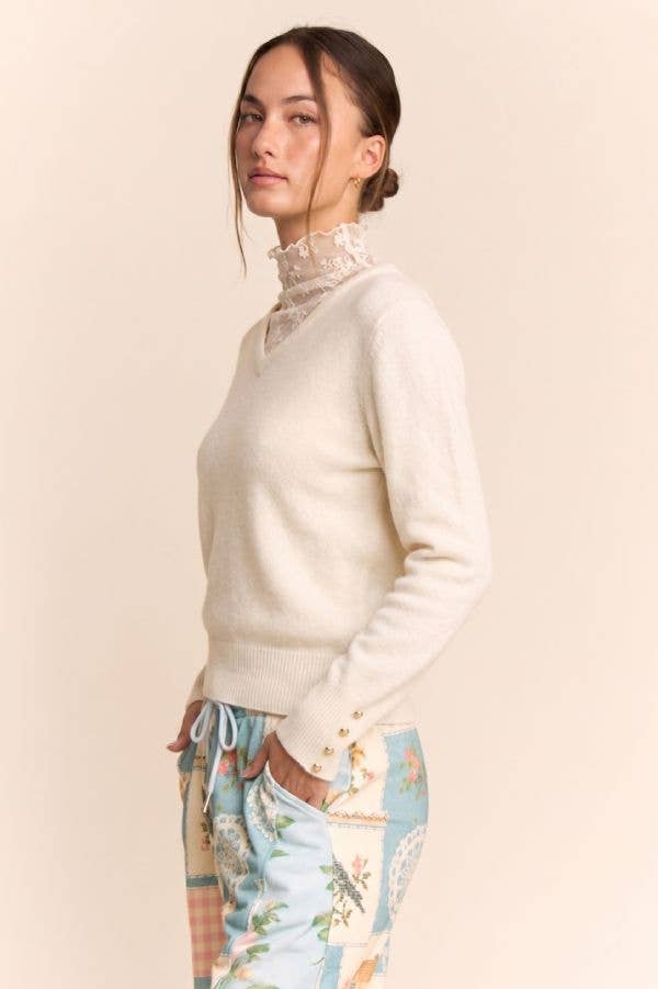 Lace High-Neck Layered V-Neck Sweater