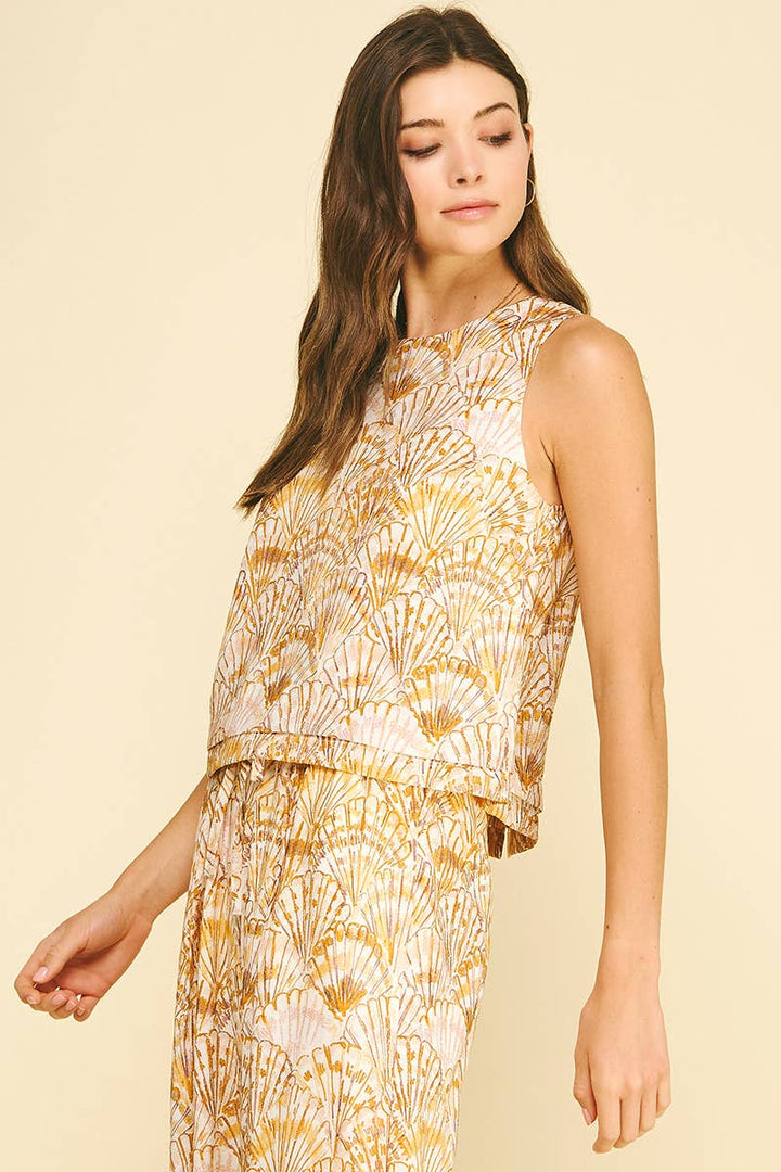 Women's Sleeveless - SEASHELL PRINT TOP WITH PLEATED DETAIL - - Cultured Cloths Apparel