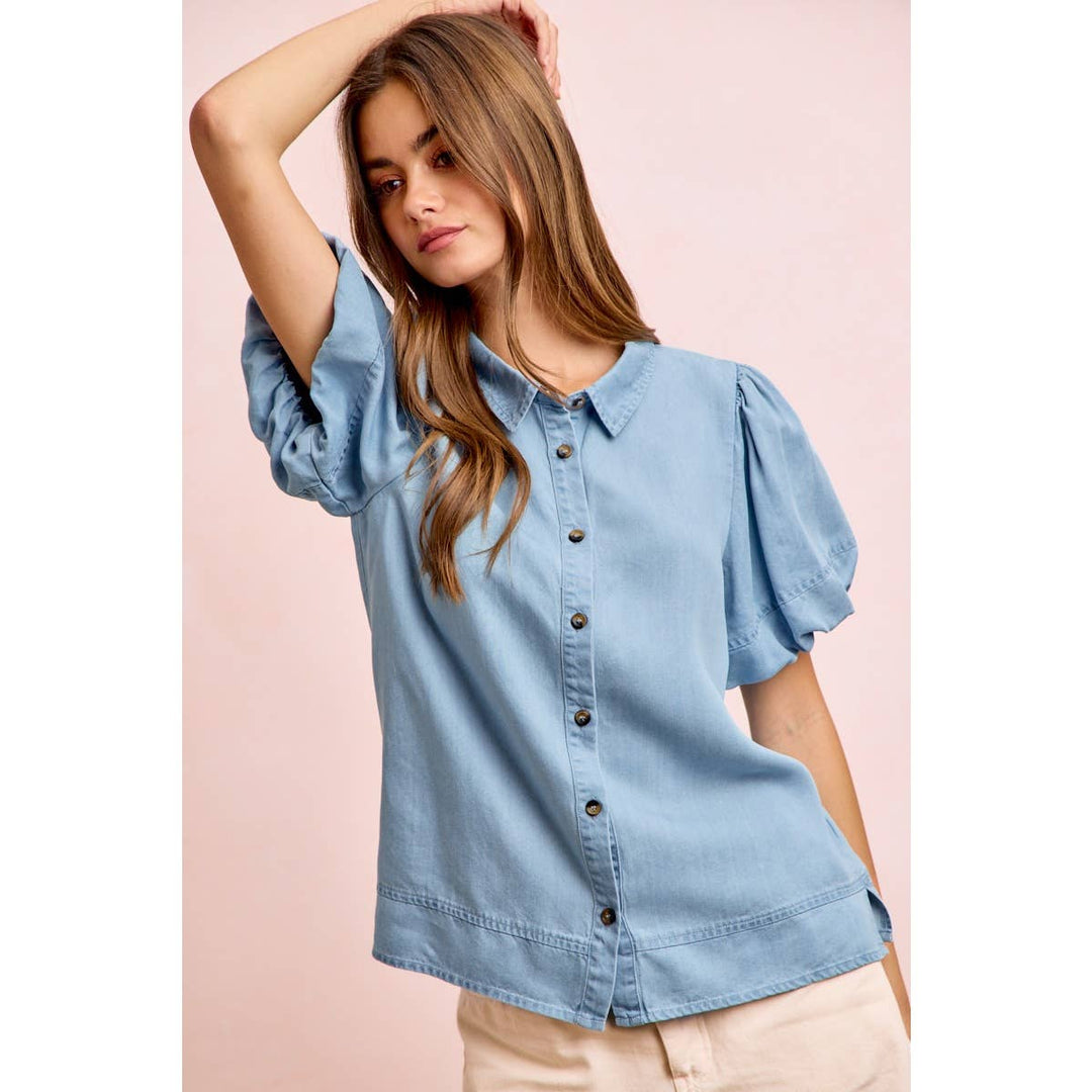 Women's Short Sleeve - PUFF SLEEVES WASHED TENCEL SHIRT TOP - - Cultured Cloths Apparel