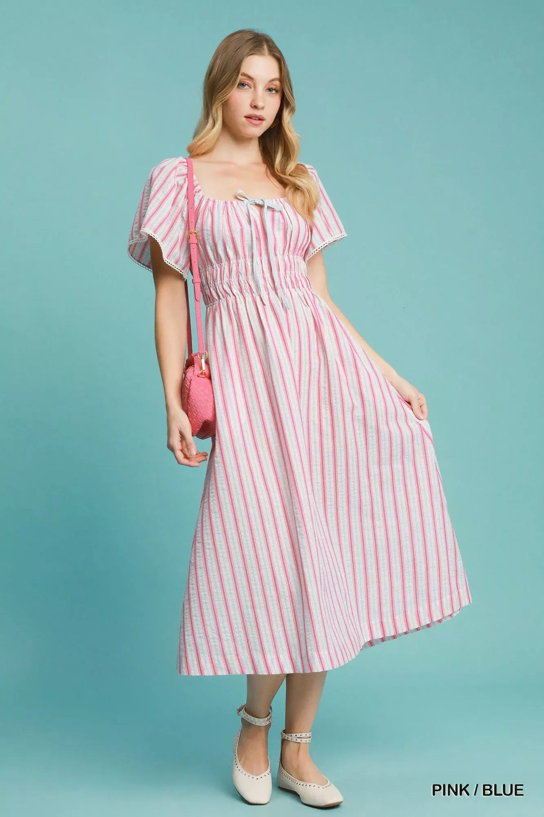 Women's Dresses - Umgee Smocked Striped Short Sleeve Midi Dress - PINK / BLUE - Cultured Cloths Apparel