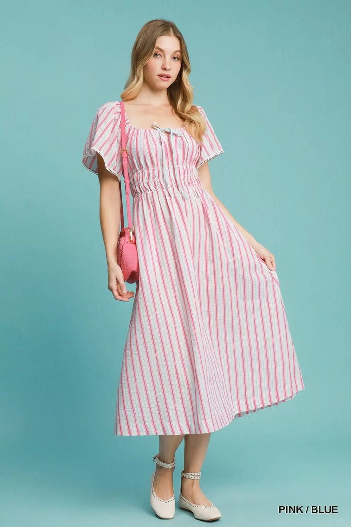 Women's Dresses - Umgee Smocked Striped Short Sleeve Midi Dress - PINK / BLUE - Cultured Cloths Apparel
